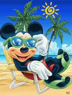 A Cartoon Of Mickey Mouse Wearing Sunglasses And Slippers On The Beach GIF