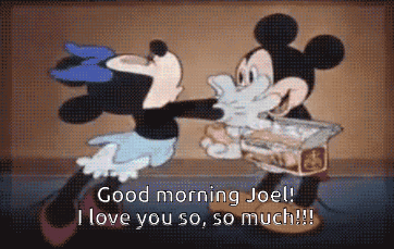 A Cartoon Of Minnie Mouse And Mickey Mouse Saying Good Morning Joel GIF