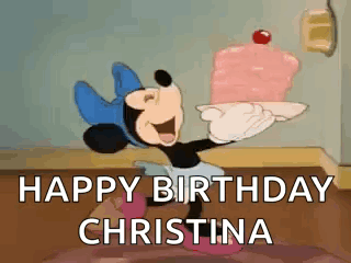 A Cartoon Of Minnie Mouse Holding A Giant Cake And Saying Happy Birthday Christina . GIF
