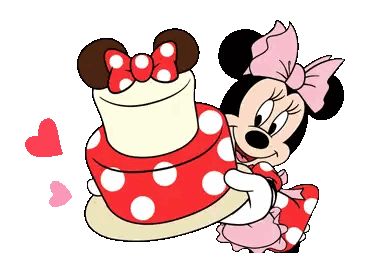 a cartoon of minnie mouse holding a red and white polka dot cake