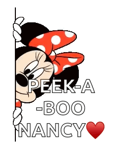 A Cartoon Of Minnie Mouse Peeking Over A Wall With The Words Peek-A-Boo Nancy Written Below Her . GIF