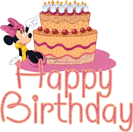 a cartoon of minnie mouse sitting next to a birthday cake that says " happy birthday "