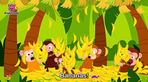 A Cartoon Of Monkeys Eating Bananas With The Words Bananas Below GIF