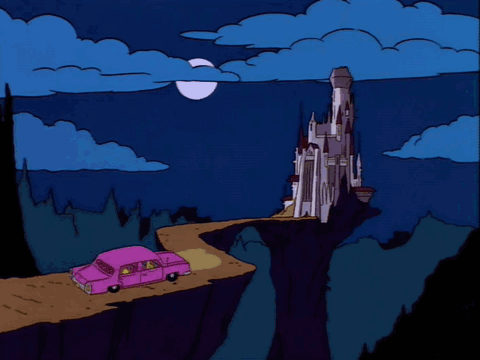 A Cartoon Of Mr. Burns Looking At A Castle GIF