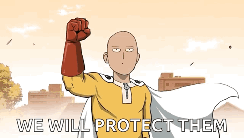 A Cartoon Of One Punch Man With The Words We Will Protect Them Above Him GIF