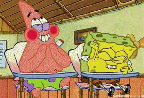 A Cartoon Of Patrick And Spongebob Sitting At Desks With The Caption Randomness-Is-Epic GIF