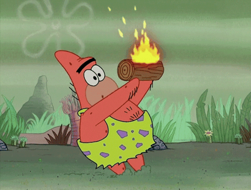 A Cartoon Of Patrick And Spongebob Standing Next To A Log Fire GIF