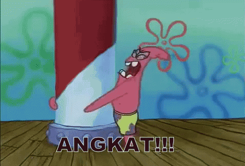A Cartoon Of Patrick From Spongebob Squarepants Standing Next To A Pole With The Word Angkat Written On It GIF