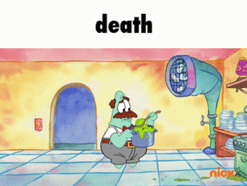 A Cartoon Of Patrick Holding A Pot Of Slime With The Word Death Above Him GIF