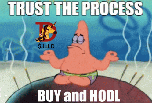 A Cartoon Of Patrick Sitting In A Lotus Position With The Words Trust The Process Buy And Hodl Below Him GIF