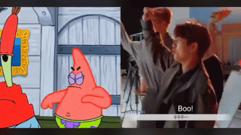 A Cartoon Of Patrick Star And A Cartoon Of A Man With The Word Boo On The Bottom Right GIF