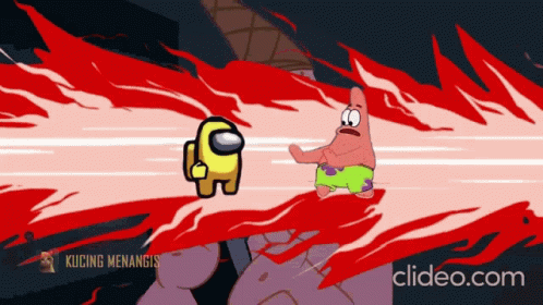 A Cartoon Of Patrick Star And A Yellow Among Us GIF