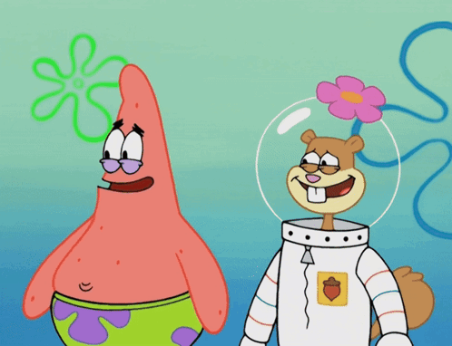 A Cartoon Of Patrick Star And Sandy Cheeks GIF