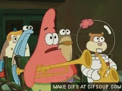 A Cartoon Of Patrick Star And Sandy Cheeks Playing Trumpets With The Words Make Gifs At Gifsoup.com Below Them GIF