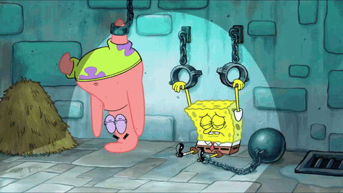 A Cartoon Of Patrick Star And Spongebob Being Chained Up GIF