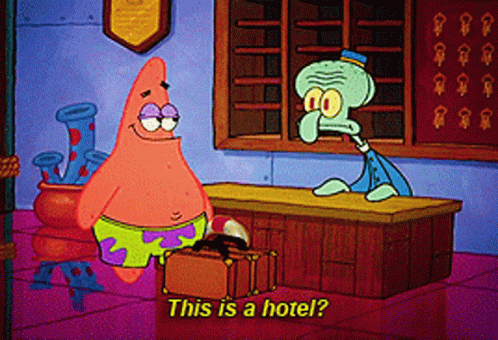 A Cartoon Of Patrick Star And Squidward From Spongebob Squarepants Talking About A Hotel GIF