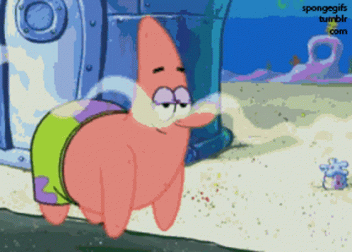 A Cartoon Of Patrick Star From Spongebob Squarepants Standing On The Beach GIF