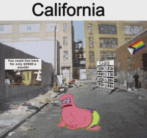 A Cartoon Of Patrick Star Laying On The Ground In Front Of A Gas Station In California GIF