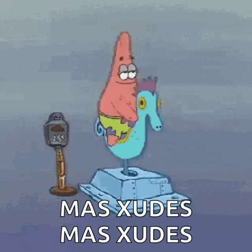 A Cartoon Of Patrick Star Riding A Seahorse Next To A Parking Meter That Says Mas Xudes Mas Xudes . GIF