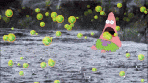 A Cartoon Of Patrick Star Surrounded By Bubbles GIF