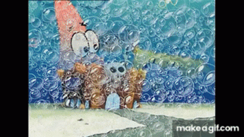 A Cartoon Of Patrick Star Surrounded By Bubbles In The Water GIF