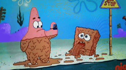 A Cartoon Of Patrick Star Taking A Picture Of Spongebob And A Stop Sign GIF