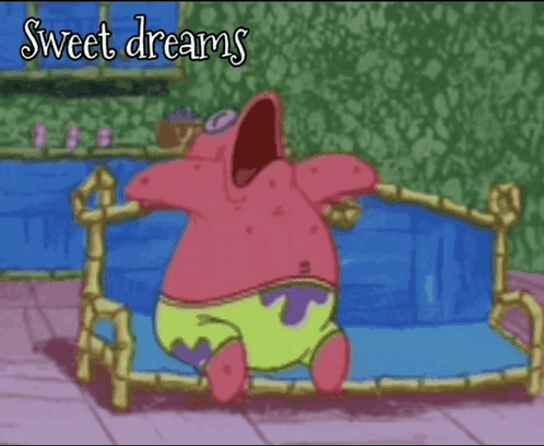A Cartoon Of Patrick Star With His Mouth Open And The Words Sweet Dreams Below Him GIF