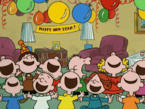 A Cartoon Of Peanuts Celebrating New Year 'S Eve With Balloons And A Banner That Says Happy New Year 'S GIF