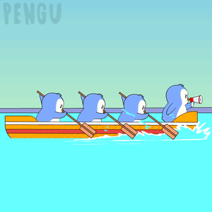 A Cartoon Of Penguins In A Boat With The Word Pengu On The Bottom Left GIF