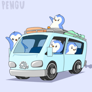 A Cartoon Of Penguins In A Van With The Word Pengu On The Bottom Right GIF