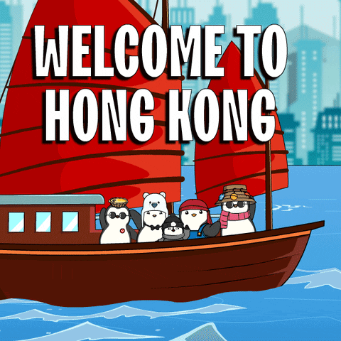 A Cartoon Of Penguins On A Boat With The Words Welcome To Hong Kong Above Them GIF