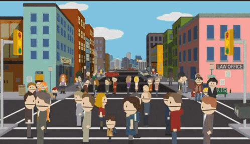 A Cartoon Of People Crossing A Street In Front Of A Hotel And A Law Office GIF