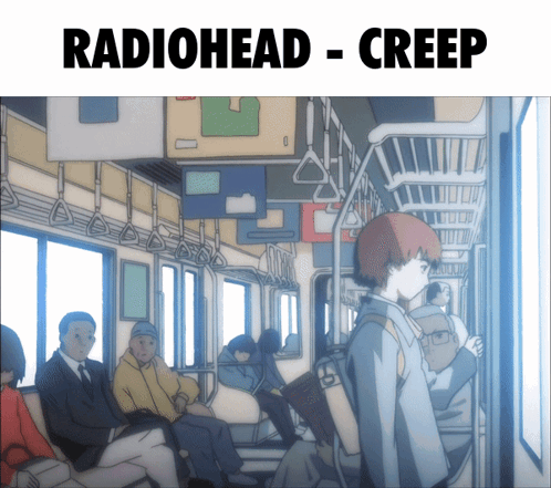 A Cartoon Of People On A Bus With The Words Radiohead - Creep Below Them GIF