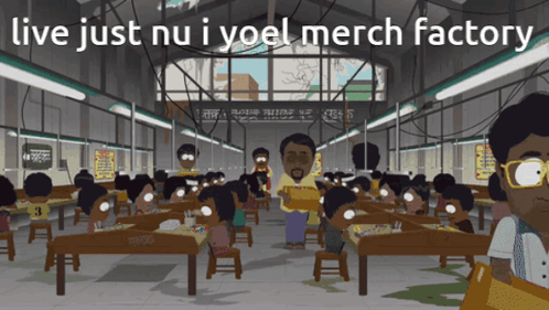 A Cartoon Of People Sitting At Tables With The Words Live Just Nu I Yoel Merch Factory Above Them GIF