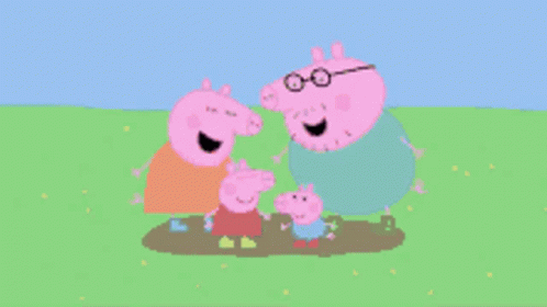A Cartoon Of Peppa Pig And Her Family In A Muddy Field GIF