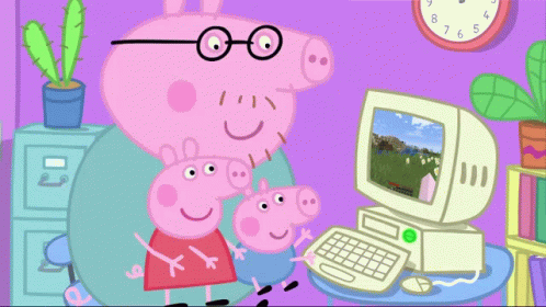 A Cartoon Of Peppa Pig And Her Mother Looking At A Computer Monitor GIF