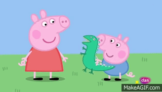 A Cartoon Of Peppa Pig Standing Next To A Green Lizard GIF