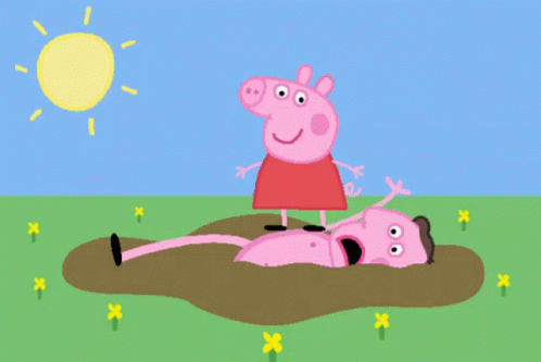 A Cartoon Of Peppa Pig Standing Next To A Pig That Is Laying In The Mud GIF