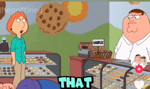 A Cartoon Of Peter Griffin And Lois Griffin In A Bakery With Samples In The Background GIF