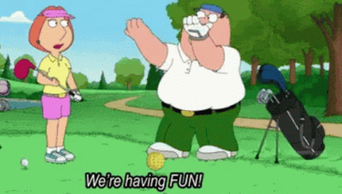 A Cartoon Of Peter Griffin And Meg Griffin Playing Golf GIF