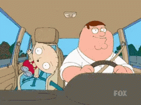 A Cartoon Of Peter Griffin Driving A Car With A Baby In The Back Seat GIF