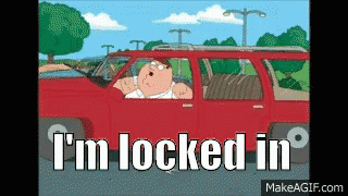 A Cartoon Of Peter Griffin Driving A Red Suv With The Words I 'M Locked In GIF