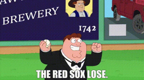 A Cartoon Of Peter Griffin Holding A Baseball With The Words " The Red Sox Lose " Below Him GIF