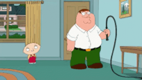 A Cartoon Of Peter Griffin Holding A Whip In A Living Room GIF