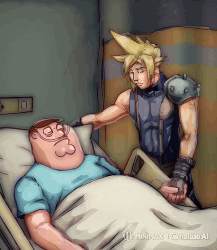 A Cartoon Of Peter Griffin In A Hospital Bed With Cloud Strife GIF