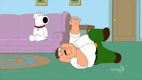 A Cartoon Of Peter Griffin Laying On The Floor With Brian Sitting On A Couch In The Background GIF