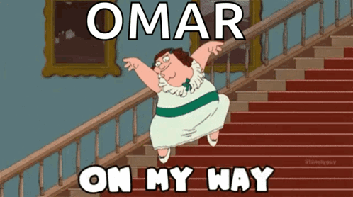 A Cartoon Of Peter Griffin On A Set Of Stairs With Omar On My Way GIF