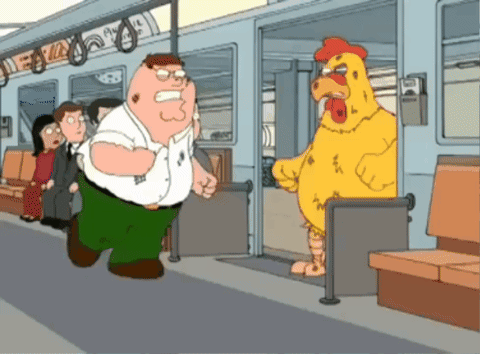 A Cartoon Of Peter Griffin Running Away From A Chicken On A Train GIF