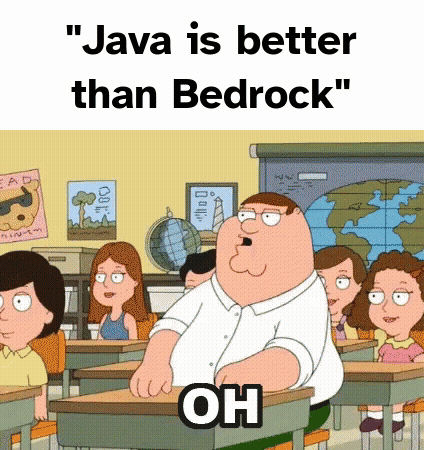 A Cartoon Of Peter Griffin Sitting At A Desk In A Classroom With The Words `` Java Is Better Than Bedrock '' . GIF
