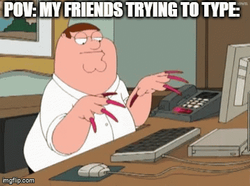 a cartoon of peter griffin sitting at a desk with long red nails